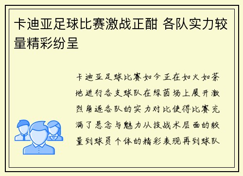 卡迪亚足球比赛激战正酣 各队实力较量精彩纷呈