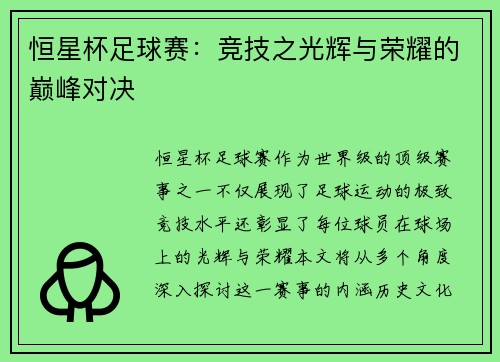 恒星杯足球赛：竞技之光辉与荣耀的巅峰对决