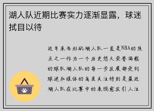 湖人队近期比赛实力逐渐显露，球迷拭目以待