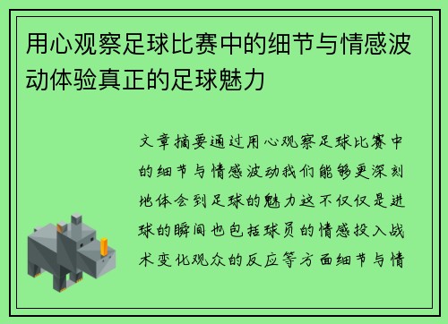 用心观察足球比赛中的细节与情感波动体验真正的足球魅力
