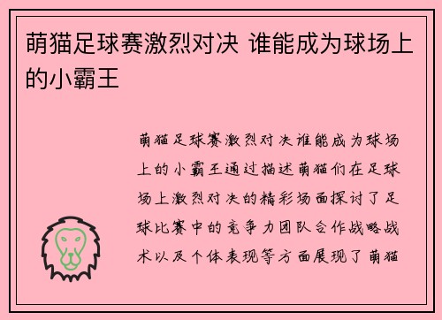 萌猫足球赛激烈对决 谁能成为球场上的小霸王