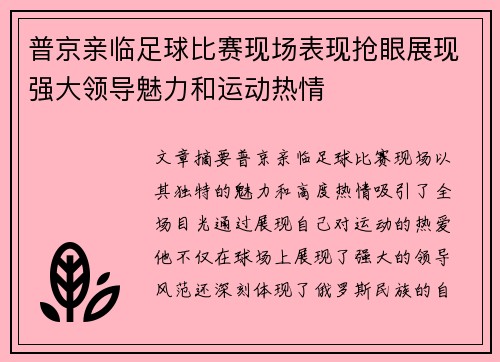 普京亲临足球比赛现场表现抢眼展现强大领导魅力和运动热情