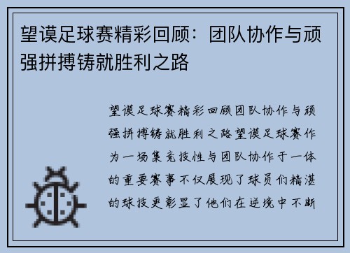 望谟足球赛精彩回顾：团队协作与顽强拼搏铸就胜利之路