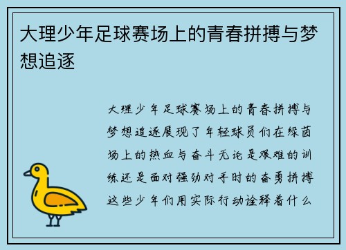 大理少年足球赛场上的青春拼搏与梦想追逐