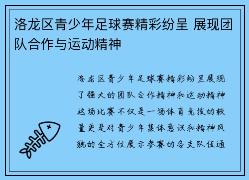 洛龙区青少年足球赛精彩纷呈 展现团队合作与运动精神