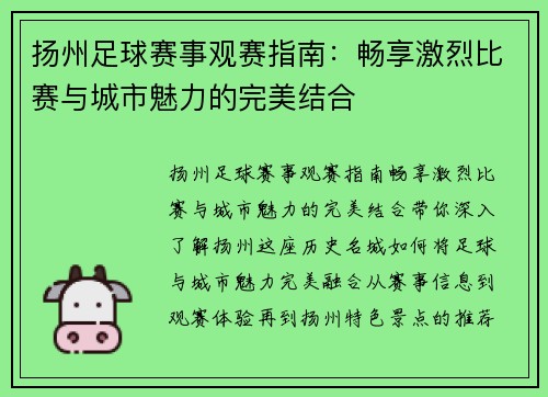 扬州足球赛事观赛指南：畅享激烈比赛与城市魅力的完美结合