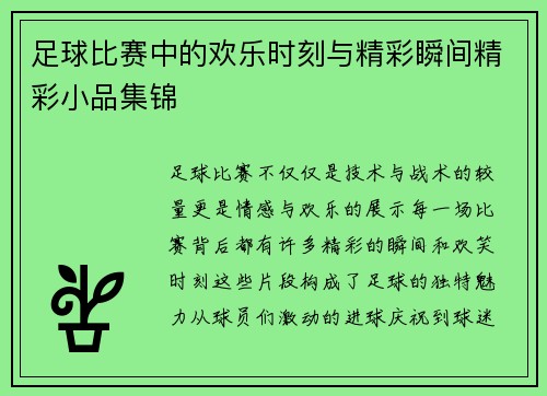 足球比赛中的欢乐时刻与精彩瞬间精彩小品集锦
