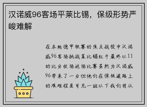 汉诺威96客场平莱比锡，保级形势严峻难解