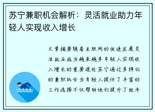 苏宁兼职机会解析：灵活就业助力年轻人实现收入增长