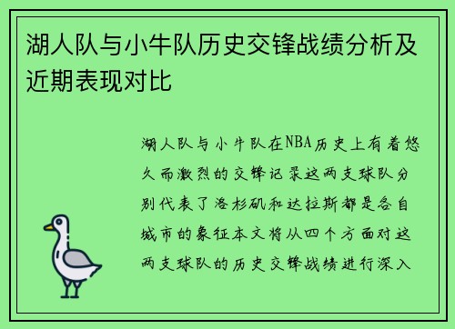 湖人队与小牛队历史交锋战绩分析及近期表现对比