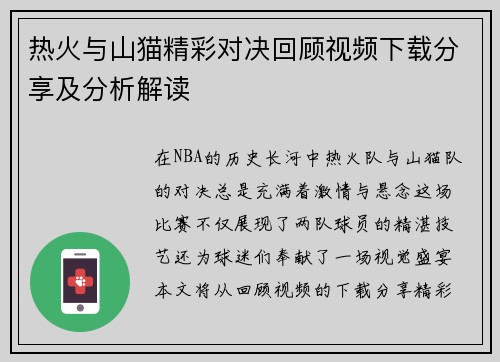 热火与山猫精彩对决回顾视频下载分享及分析解读