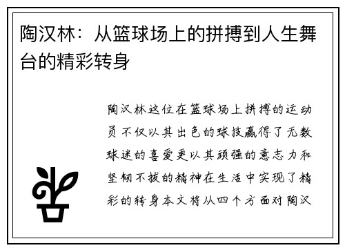陶汉林：从篮球场上的拼搏到人生舞台的精彩转身