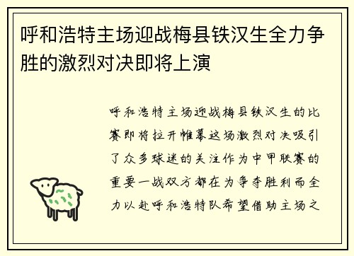 呼和浩特主场迎战梅县铁汉生全力争胜的激烈对决即将上演