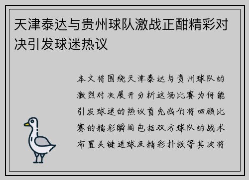 天津泰达与贵州球队激战正酣精彩对决引发球迷热议