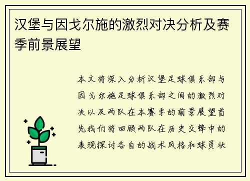 汉堡与因戈尔施的激烈对决分析及赛季前景展望