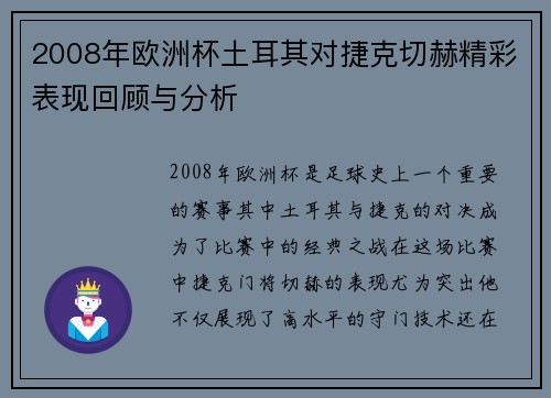2008年欧洲杯土耳其对捷克切赫精彩表现回顾与分析
