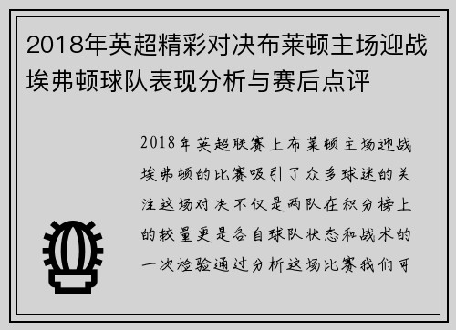 2018年英超精彩对决布莱顿主场迎战埃弗顿球队表现分析与赛后点评