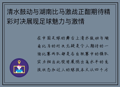 清水鼓动与湖南比马激战正酣期待精彩对决展现足球魅力与激情