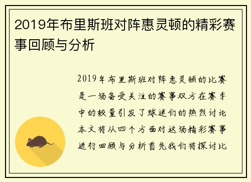 2019年布里斯班对阵惠灵顿的精彩赛事回顾与分析