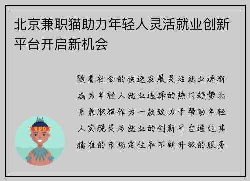 北京兼职猫助力年轻人灵活就业创新平台开启新机会
