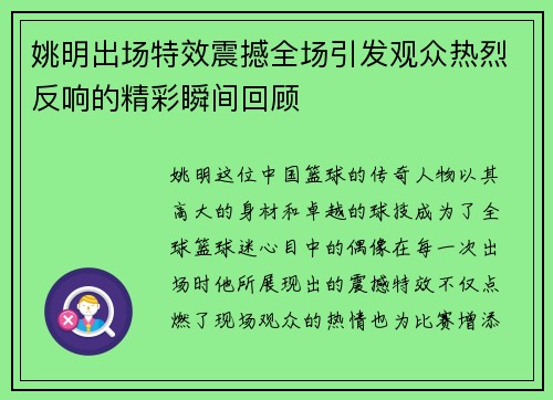姚明出场特效震撼全场引发观众热烈反响的精彩瞬间回顾