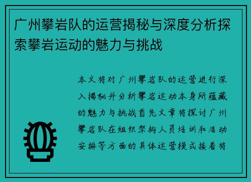 广州攀岩队的运营揭秘与深度分析探索攀岩运动的魅力与挑战