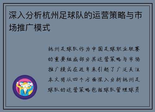 深入分析杭州足球队的运营策略与市场推广模式