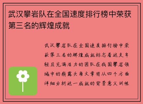 武汉攀岩队在全国速度排行榜中荣获第三名的辉煌成就